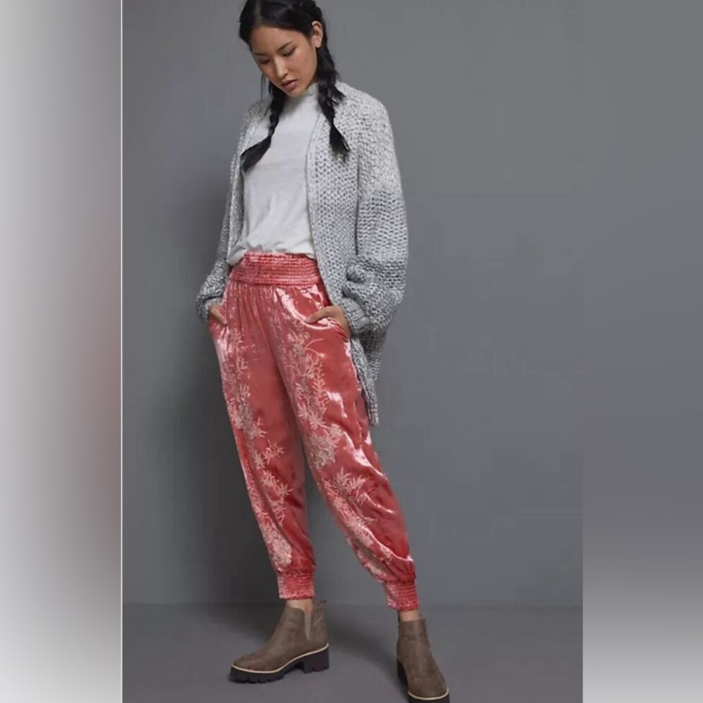 Anthropologie Rosie Embroidered Velour Velvet Jogger Pants In Pink Size Large